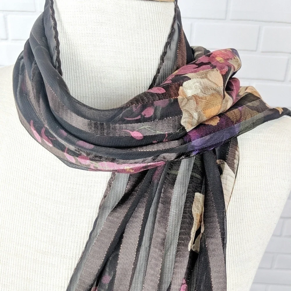 Liz Claiborne Satin Brown & Gold Floral Scarf‎